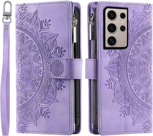 Samsung Galaxy S24 Ultra 5G Wallet Case with Mandala Flower, Tempered Glass Protector, Zipper Card Holder, Wrist Strap