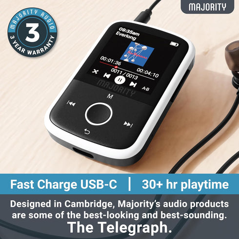 MP3 Player with Bluetooth and Sports Clip, Earbuds Included, Expandable to 128GB, HD Color Screen, 34 Hours Battery