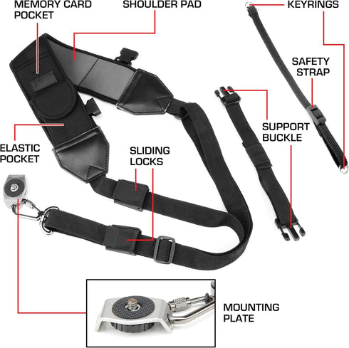 USA Gear Camera Sling Shoulder Strap - Adjustable Neoprene, Safety Tether, Accessory Pocket, Quick Release Buckle