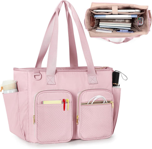 Teacher Tote Bag for Women, Large Utility Bag with Laptop Compartment, Pink (Empty Bag, Patent Design)