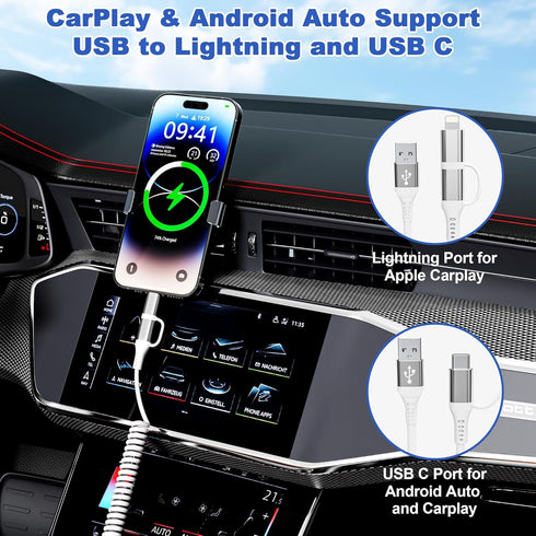 USB C and Lightning Charging Cable 2 in 1, Coiled Fast Charging Cord for Carplay & Android Auto, Multiple Combo