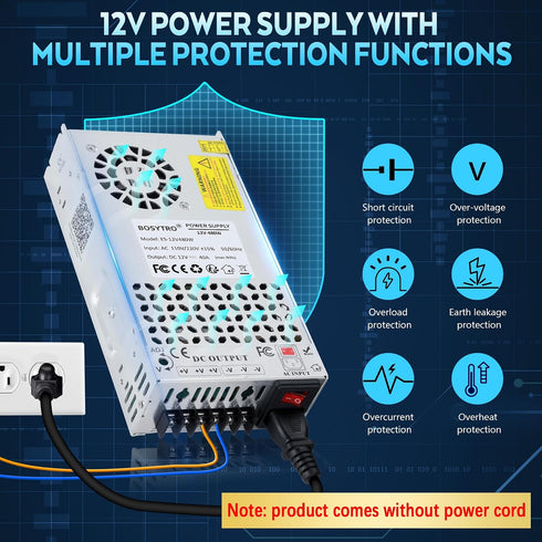 BOSYTRO 12V 480W 40A 110v 12v 3D Upgraded DC Power Supply to Converter Switching Power Supply for Led Strip, CCTV