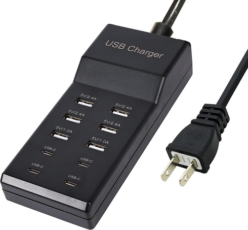 USB Charger - 50W 10-Port Charging Station with 6 USB-A and 4 USB-C Ports for iPhone, Watch, Tablets, Smartphones, Black