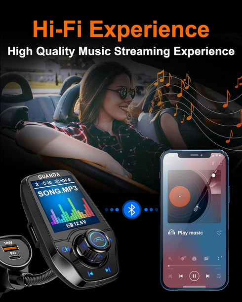 Upgraded Bluetooth FM Transmitter for Car, Wireless Radio Adapter Kit with 1.8" Color Display, Hands-Free Call, USB