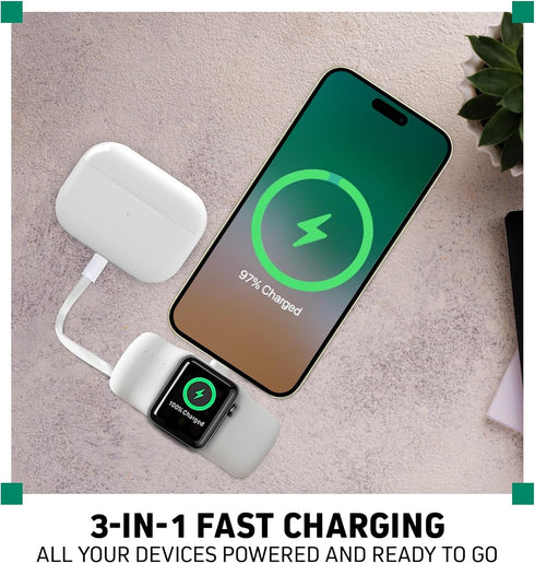 3-in-1 Portable Charger 5000 mAh Battery, Ultra-Compact Fast Charging for iPhone, USB-C Devices, Smartwatch (White)