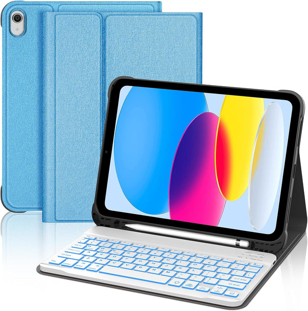 KVAGO Keyboard Case for iPad 10th Generation 10.9" (2022) - Bluetooth Keyboard, 7 Color Backlit, Smart Folio Blue