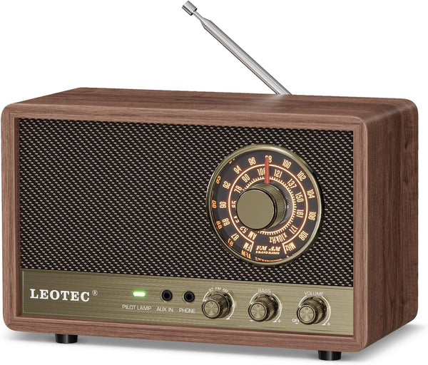 LEOTEC AM FM Radio, Retro Wood Table Radio, Portable Bluetooth Speaker with AUX and Headphone Jack, Brown