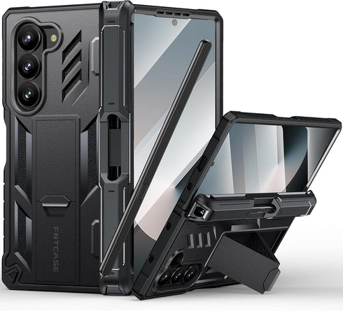 FNTCASE Military Grade 360 Full-Body Protective Case for Samsung Galaxy Z-Fold-6, Heavy Duty with Kickstand - Black