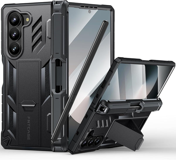 FNTCASE Military Grade 360 Full-Body Protective Case for Samsung Galaxy Z-Fold-6, Heavy Duty with Kickstand - Black