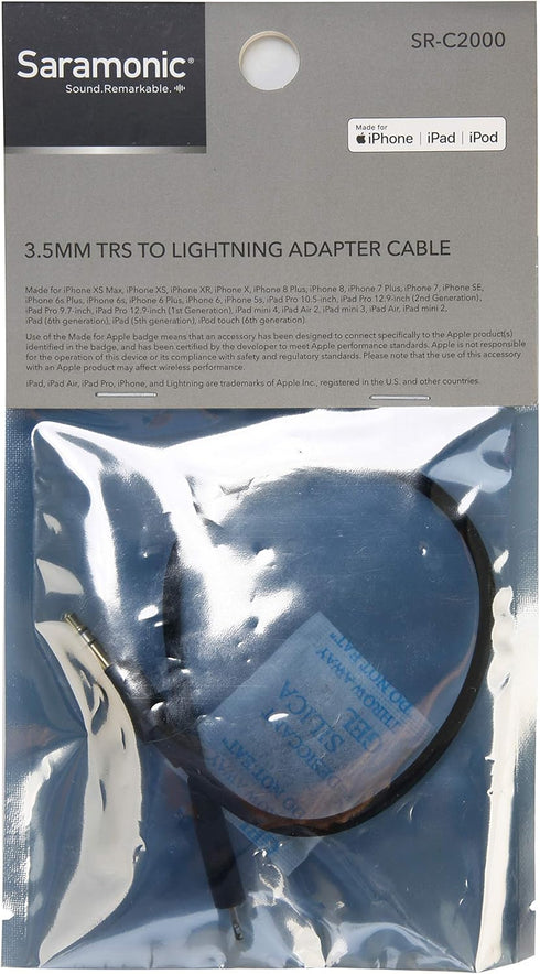 Saramonic SR-C2000 Black 3.5mm TRS Male to Apple Lightning Connector Audio Adapter Cable, 9" (22.86cm)