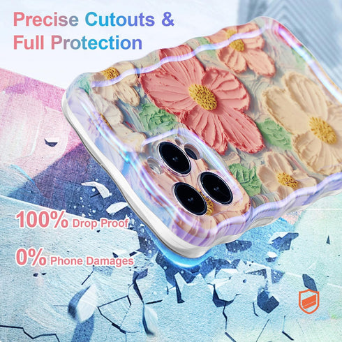 UEEBAI Colorful Retro Oil Painting Flower Case for iPhone 14 Pro Max, Cute Sparkly Floral Curly Cover (Orange Yellow)