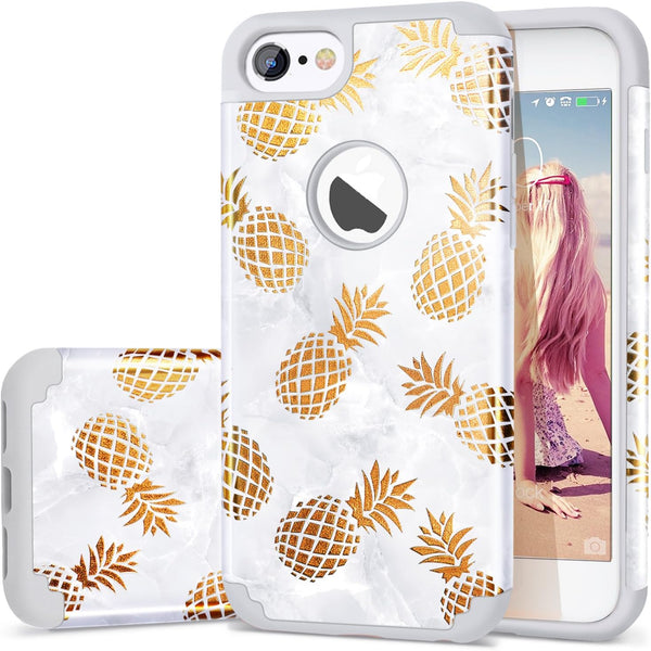 Fingic Pineapple Case for iPhone 8 & 7, Slim Golden Pineapple & Grey Marble Pattern, Hard PC Soft Rubber