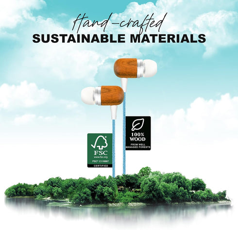 Earth-Budz Genuine Wood Earbuds | in-Ear Noise-Isolating Headphones with in-line Microphone (Blue Skies)