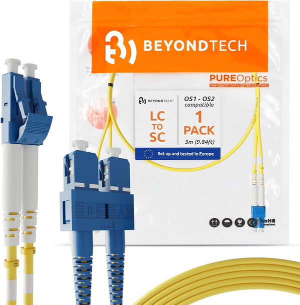 BEYONDTECH LC to SC Fiber Patch Cable, Single Mode Duplex, 3m (9.84ft), Compatible with OS1 - OS2