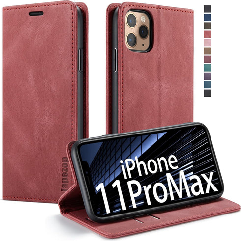 iPhone 11 Pro Max Wallet Case with Card Holder, RFID Blocking, PU Leather Magnetic Flip Case (Wine Red)
