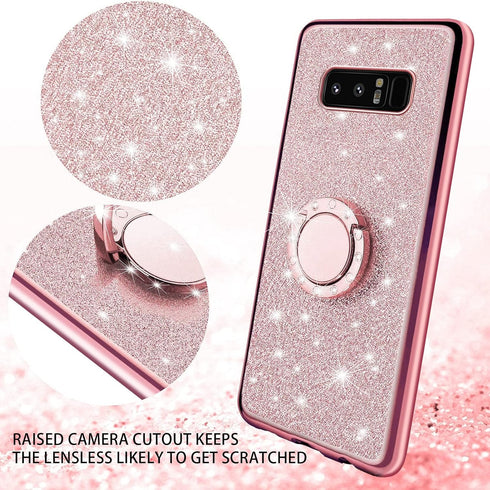 Cute Bling Glitter Phone Case for Samsung Galaxy Note 8, Shockproof 2-Layer Protective Cover with Ring Stand & Lanyard