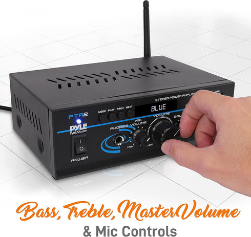 Pyle Home Audio Power Amplifier System - 2X40W Bluetooth Mini Dual Channel Mixer Receiver for Speakers