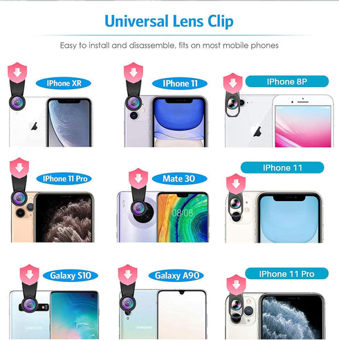 Cell Phone Camera Lens Kit, 11 in 1 Universal with 20x Telephoto Lens, Wide Angle, Macro, Fisheye, Tripod - Black