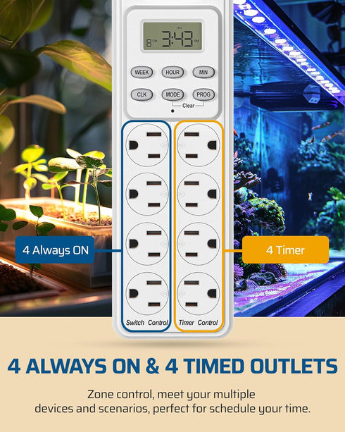 DEWENWILS 8 (4 Timed/4 6ft 15A, Outlet Power Strip with Timer Always On), Indoor Digital Outlet for Reptile Light
