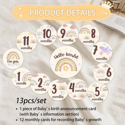 Set(13pcs) Baby Monthly Milestone Cards Sign - Double Sided Wooden Milestone Cards with Rainbow Design, Wooden Circles