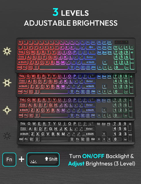 Wireless Keyboard and Mouse Combo, Large Print, RGB Backlit, Oversize Light Up Letters, Rechargeable, Ergonomic Tilt