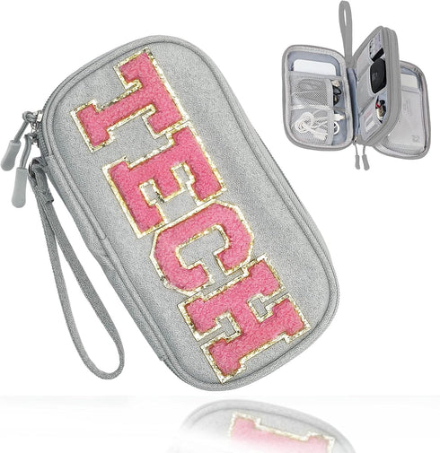 Electronics Accessories Organizer Bag | Compact Waterproof Case with Chenille Letter Patch TECH for Women