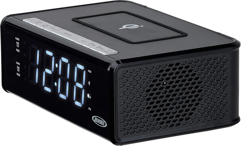 Jensen QiCR-200 Dual Alarm Clock Radio with Qi Charging, White, 9.40in. x 5.00in. x 3.00in.