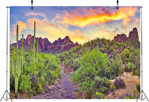 BELECO 7x5ft Arizona Desert Backdrop - Fire-Like Sky Mountain Landscape with Saguaro Cactus for Photography