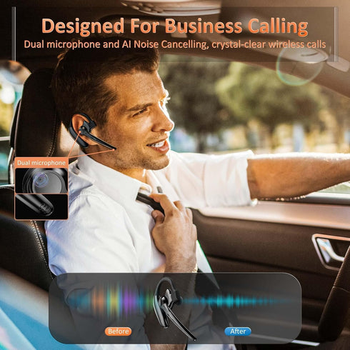 Wireless Bluetooth Headset with Microphone, 30 Hrs Talking Time, V5.3 AI Noise Cancelling Earphones for Office Home