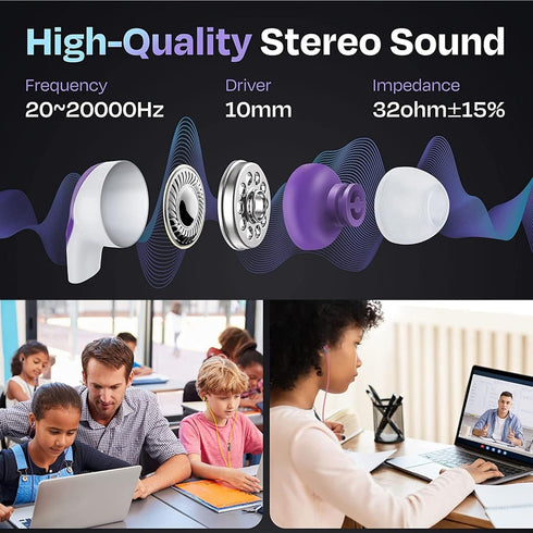 Bulk Earbuds Bits, 10 Pack Colorful in-Ear Earbuds, 3.5mm Stereo Earphones for Schools, Kids, Classrooms & Libraries