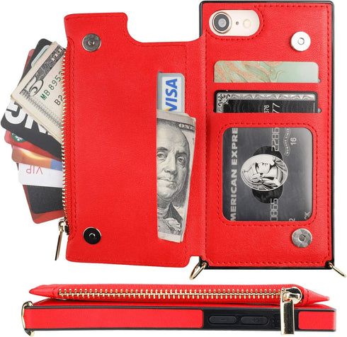 Bocasal Crossbody Wallet Case for iPhone SE 2022/SE 2020/7/8, Card Holder, Zipper Slot Protector, 4.7 Inch