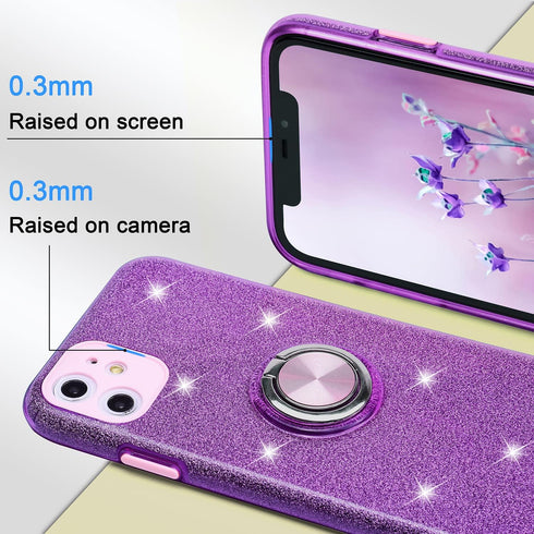 Wisdompro Glitter Case for iPhone 11, Purple, with Ring Holder Kickstand for Women Girls