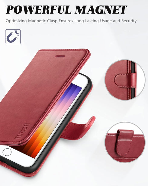 TUCCH Wallet Case for iPhone SE 2022/SE 2020/8/7, Dark Red PU Leather Folio Stand with Card Slot, Magnetic Closure [TPU