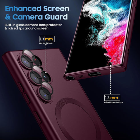 Matte Shockproof Phone Shell for Samsung Galaxy S22 Ultra, Compatible with MagSafe, Slim Thin Magnetic Cover (Burgundy)