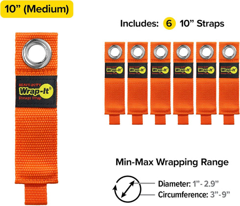 Heavy-Duty Wrap-It Storage Straps, 10-inch (6-Pack) Blaze Orange for Garage Organizer and Electric Cord Holder