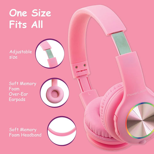 PowerLocus PLED Kids Bluetooth Headphones - Wireless Headphones with LED Lights, Safe Volume, Hi-Fi Stereo, Built-in Mic