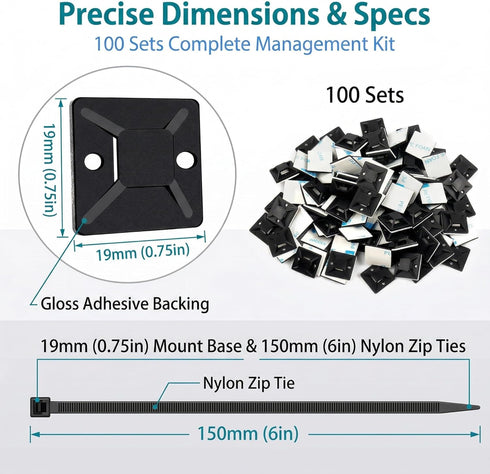 SeuYeugX 100PCS Set Zip Tie Mounts - Cable Self Adhesive Mounts for Wire Management with Stick Pads Anchors Clips