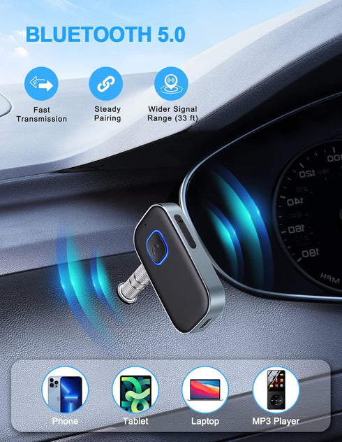 COMSOON Bluetooth AUX Adapter for Car, Noise Reduction Bluetooth Receiver for Music/Hands-Free Calls, Wireless Audio Receiver for Home Stereo/Speaker, 16H Battery Life/Dual Connect (Black+Gray)