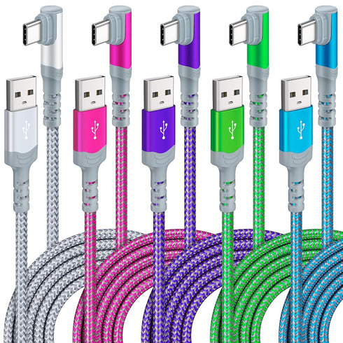 USB C Cable 10FT 3.1A Fast Charger - 5-Pack, Durable Nylon Braided, Right Angle, Compatible with Samsung S22, iPad Pro,