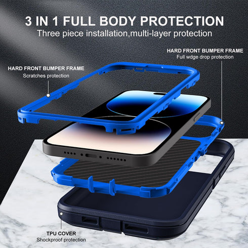 Military Grade 3 in 1 iPhone 14 Pro Case, Heavy Duty Shockproof/Dust Proof with 2Pcs Tempered Glass Protector (Navy