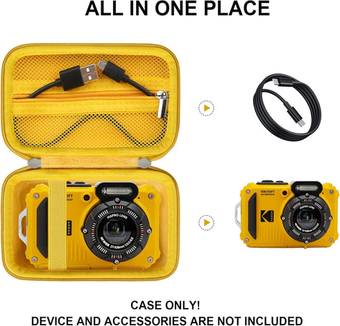 Hard Protective Case for Kodak PIXPRO WPZ2 Rugged Waterproof Digital Camera, Travel Case with Zipper Mesh Pocket for USB Cable, SD Card, Battery and Other Accessories, Yellow