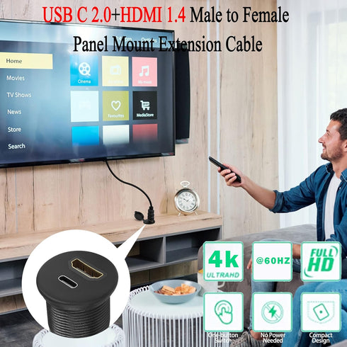 QIANRENON USB C & HDMI Waterproof Cable Adapter, 4K@60HZ, 1m/3.3ft for Car, Dashboard, Desk, USB C 2.0 + HDMI 1.4