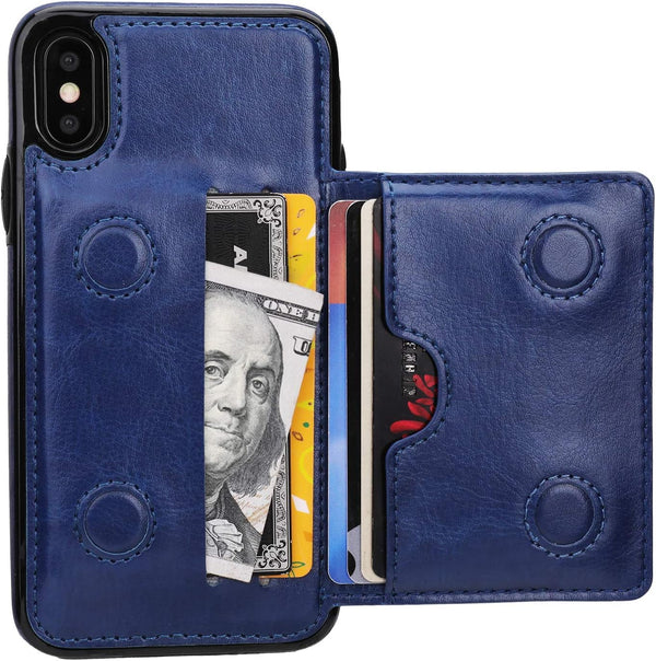 KIHUWEY Wallet Case for iPhone Xs/X, Premium Leather Kickstand Protective Cover (Blue)