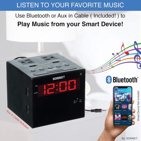 Sonnet Alarm Clock Charging Station, Bluetooth Speaker, AM FM Radio, Dual USB Charging Ports for Heavy Sleepers