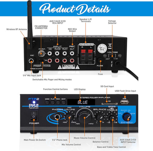 Pyle Home Audio Power Amplifier System - 2X40W Bluetooth Mini Dual Channel Mixer Receiver for Speakers