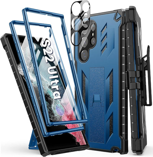 FNTCASE Samsung Galaxy S22 Ultra Case: Blue, Built-in Screen Protector, Kickstand, Belt-Clip Holster, Rugged Heavy Duty
