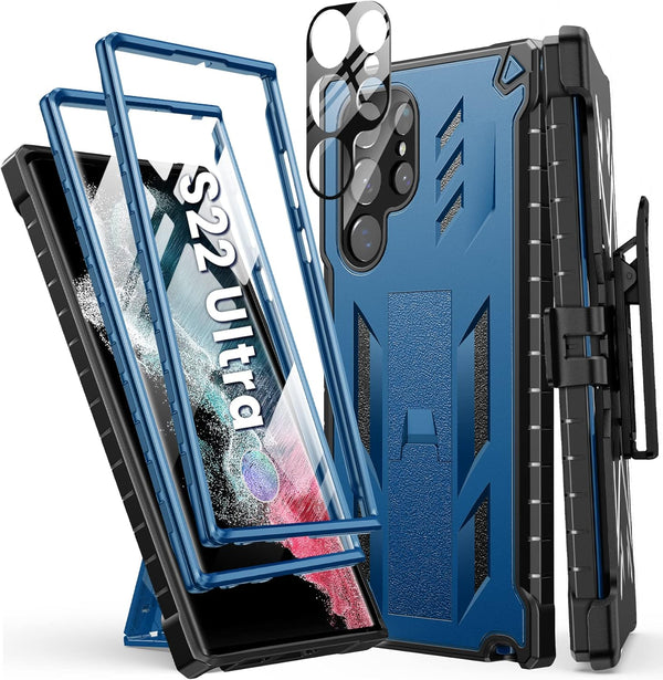 FNTCASE Samsung Galaxy S22 Ultra Case: Blue, Built-in Screen Protector, Kickstand, Belt-Clip Holster, Rugged Heavy Duty