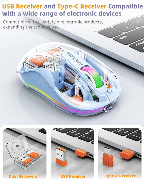 Unique Transparent Bluetooth Mouse with USB & Type-C Receivers, Small Portable Wireless Rechargeable Mice for MacBook,