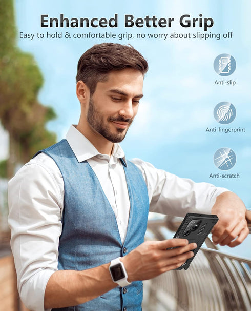 FNTCASE for Samsung Galaxy S22 Ultra, Built-in Screen Protector & Kickstand, Rugged Heavy Duty Shockproof Cover (Black)