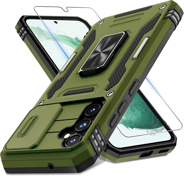 DEERLAMN Case for Samsung Galaxy S23 FE with Slide Camera Cover + Screen Protector, Olive Green Shockproof